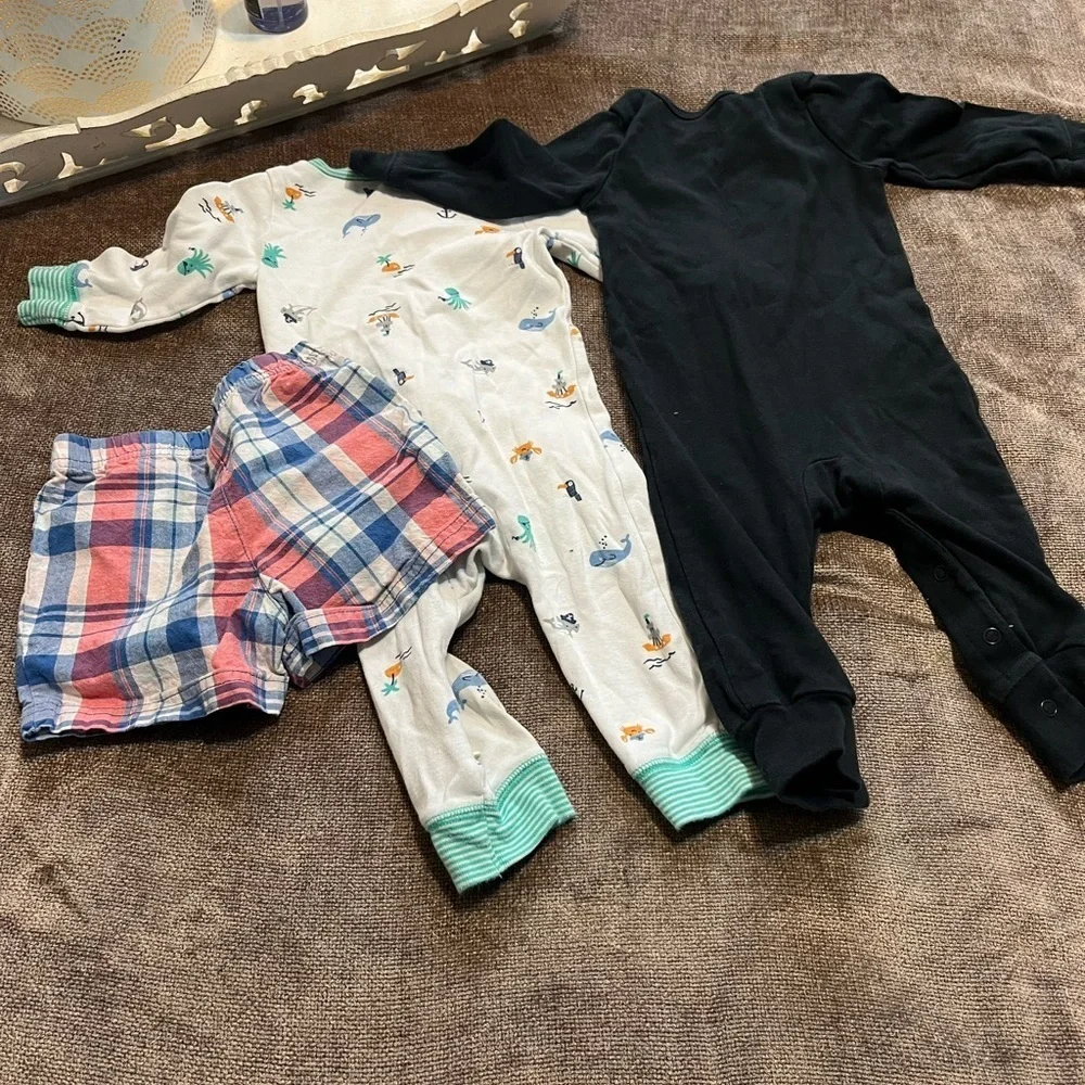 9 Month Baby Bundle: Plaid Shorts, Skeleton Onesie and Sea Life One Piece Set